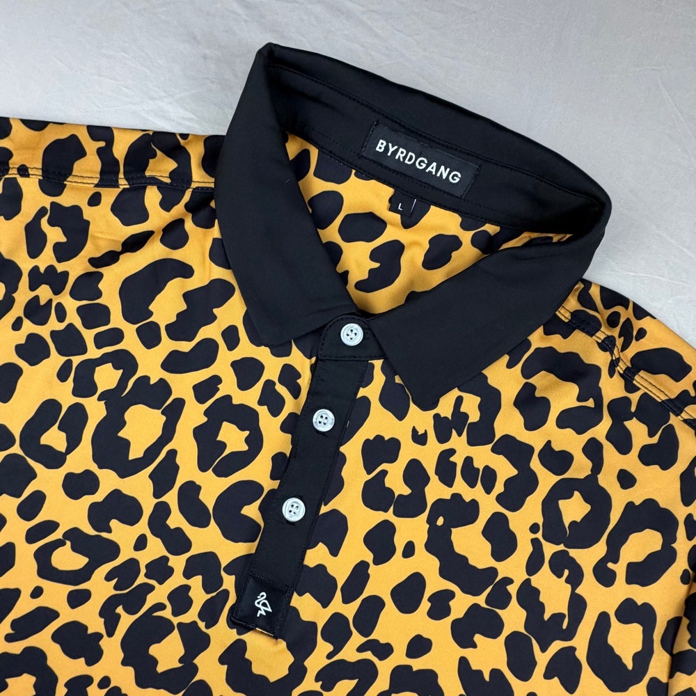 Byrdgang Golf Polo Shirt Short Sleeve Mens Large Yellow Leopard Animal Print